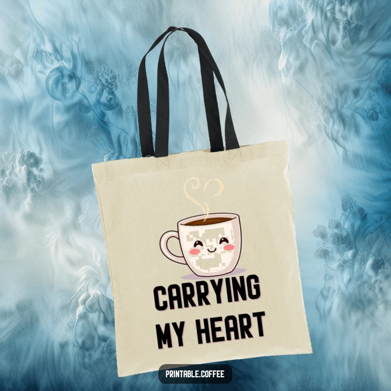 Funny smiling coffee mug character with steam forming a heart shape, on a practical and humorous tote bag.