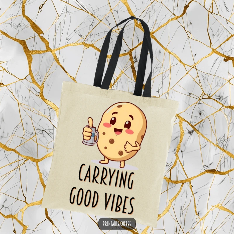 Funny Tote Bag showcasing a playful cookie character giving a thumbs up while holding a miniature coffee pot, perfect for daily use.