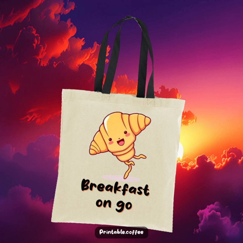 Funny croissant tote bag featuring a joyful cartoon croissant with legs, doing a cartwheel.