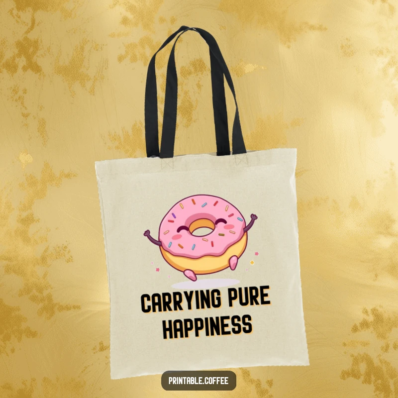 Funny donut tote bag showcasing a character with sprinkles joyfully bouncing, perfect for carrying everyday items with a smile.