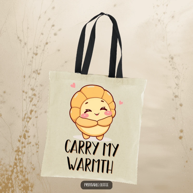 Funny tote bag with a croissant character winking and offering a hug, designed for carrying essentials with warmth and style.