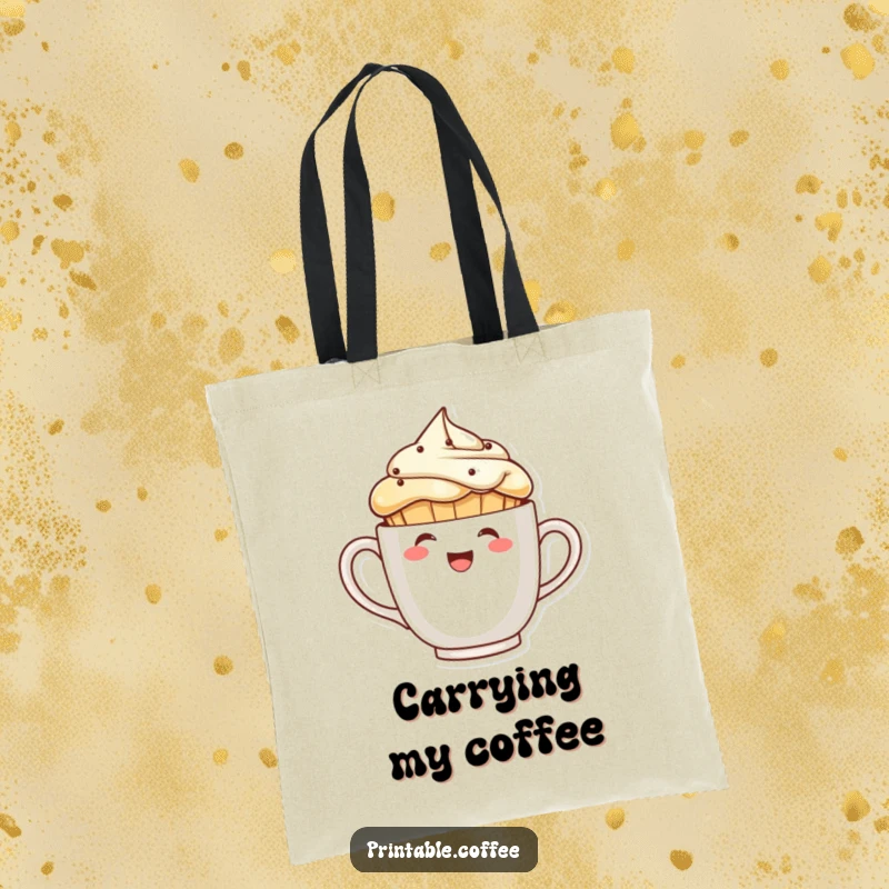 Funny laughing muffin character peeking from behind a giant coffee cup on a tote bag, for cheerful errands.