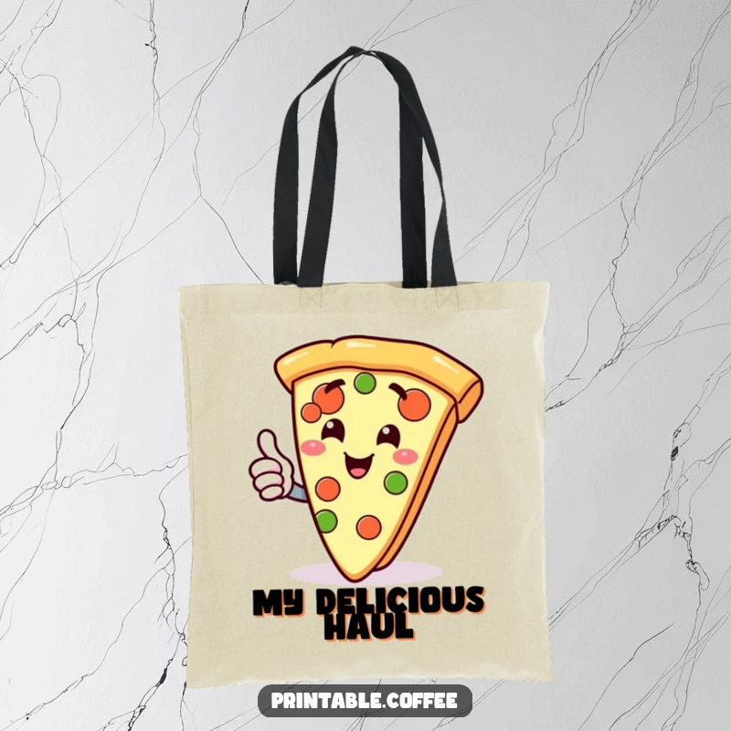 Funny tote bag with a gleeful slice of pizza character giving a thumbs up, perfect for carrying items with humor.