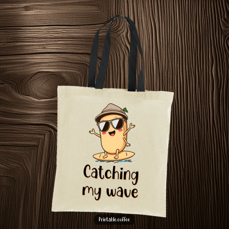 Funny tote bag featuring a coffee bean character wearing sunglasses, surfing on a wave, designed for beachgoers and coffee lovers.