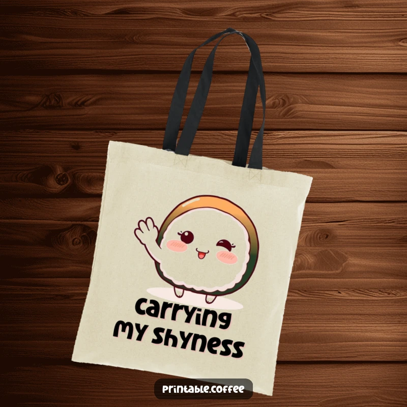 Funny tote bag with a blushing piece of sushi character doing a shy wave, perfect for carrying items with charm.