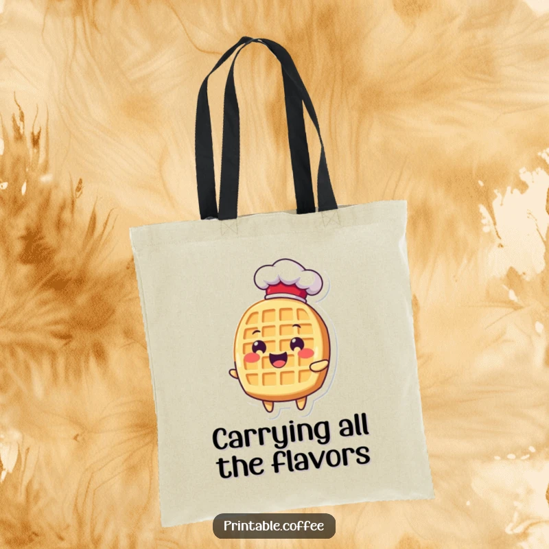 Funny waffle character in a chef hat, looking delighted, perfect for a humorous and practical tote bag.