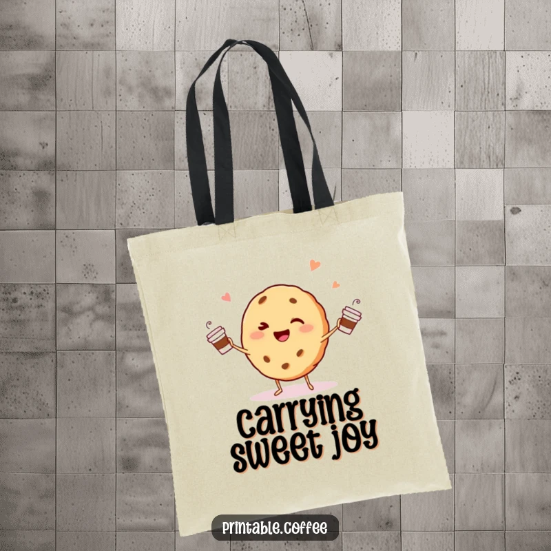 Funny winking cookie character happily juggling tiny coffee cups on a tote bag, ideal for coffee runs.