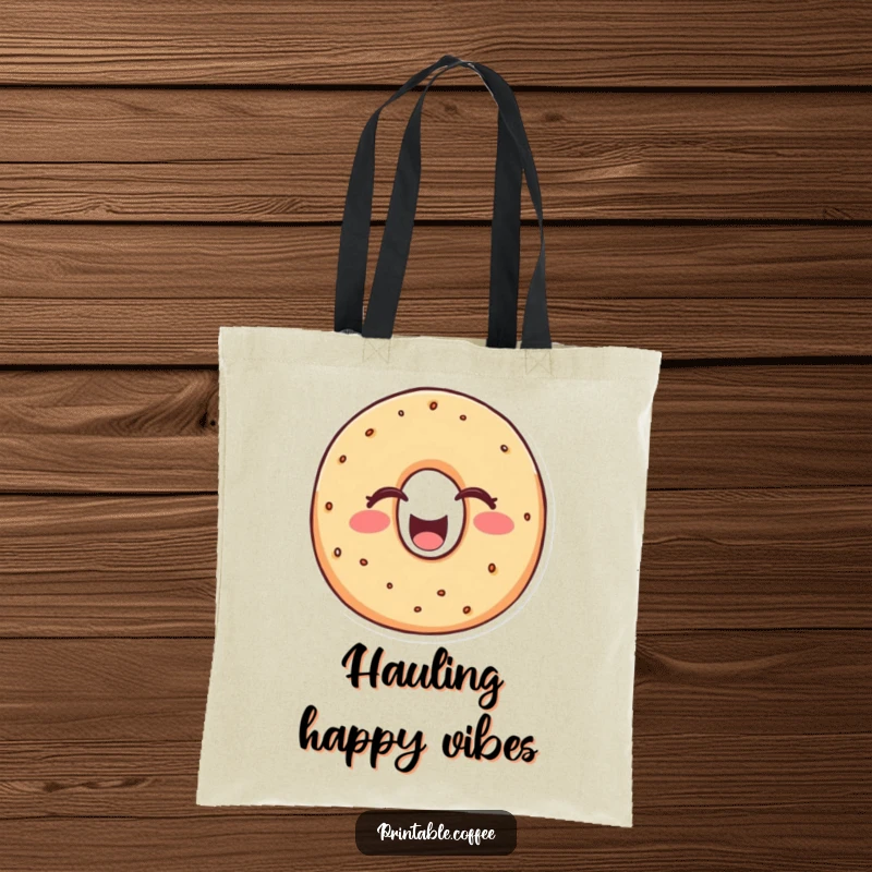 Funny bagel tote bag displaying a cheerful bagel character caught in a hearty laugh, eyes shut tight, full of baked good hilarity.