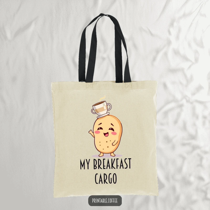 Funny tote bag with a giggling bagel character balancing a tiny coffee cup, great for coffee runs.