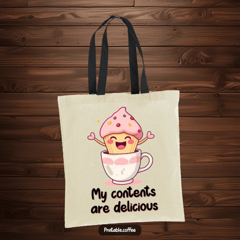 Funny Tote Bag featuring a happy muffin character joyfully bursting out of a coffee cup, bringing smiles anywhere.