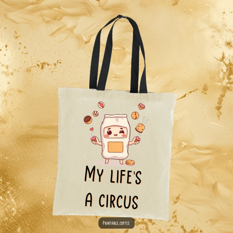 Funny tote bag showcasing a steaming coffee bag character skillfully juggling pastries, ideal for carrying groceries or treats with flair.