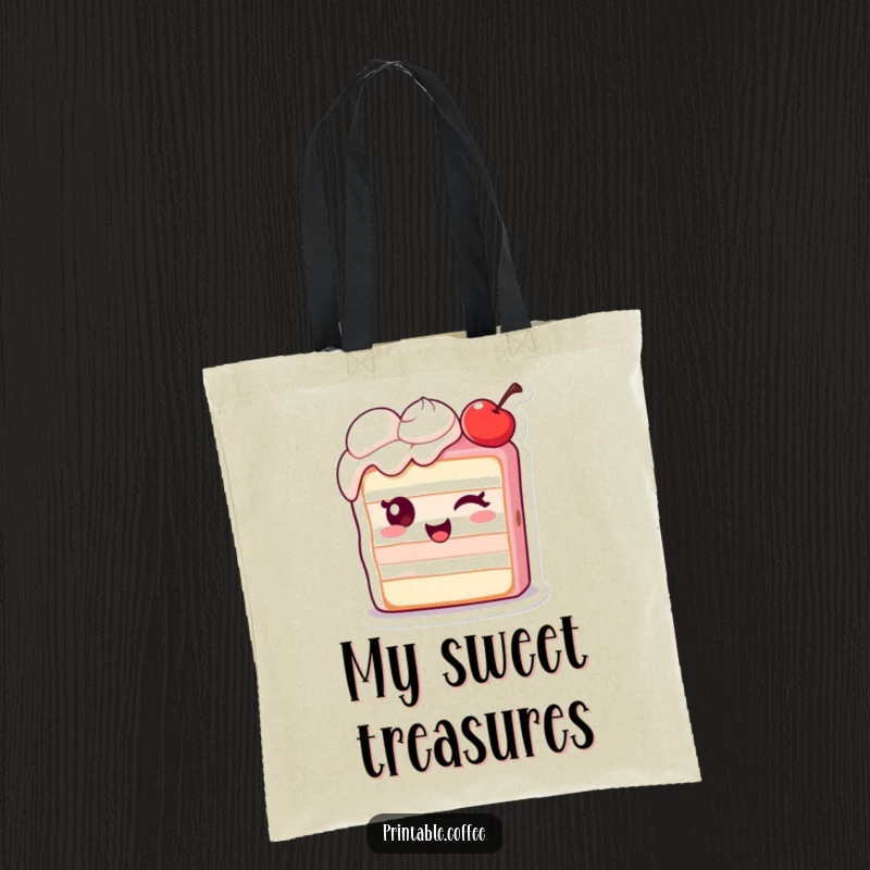Funny tote bag with a winking piece of cake character and an extra cherry, perfect for carrying items with sweetness.