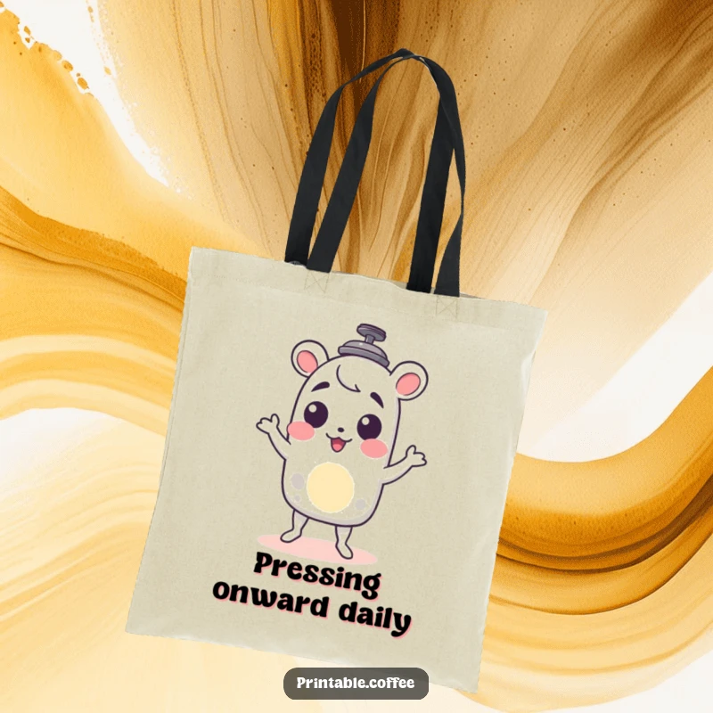 Funny French press tote bag with a character delightfully doing a little shimmy, ideal for carrying coffee essentials with a smile.